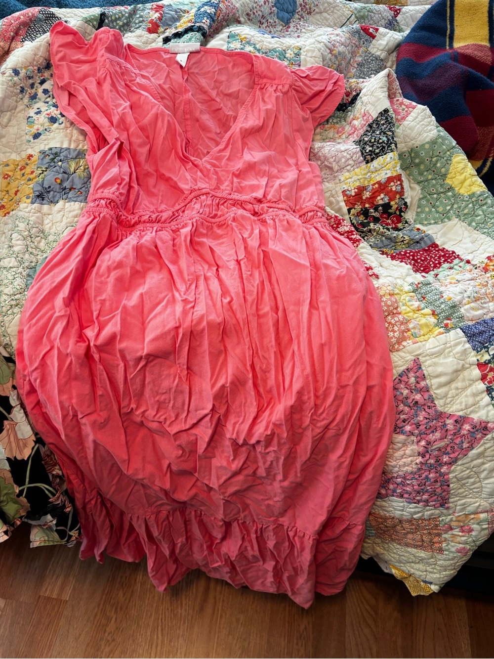 Women’s Coral V-Neck Ruffle Dress